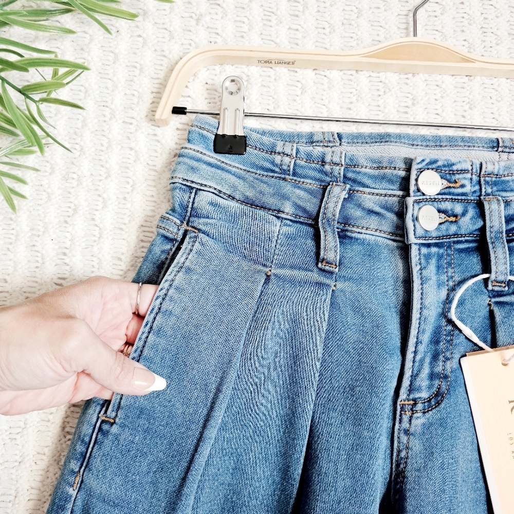 Risen MR Medium Wash Wide Leg Jeans Pleated Double Button Retro 80's Various NEW - Picture 7 of 15
